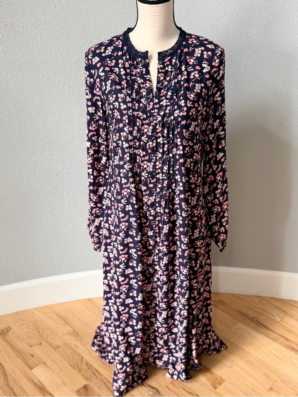 NWOT Vintage Bedford Fair Ditsy Floral Lace Trim Pleated Midi Dress Navy Size 12